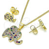 Oro Laminado Earring and Pendant Adult Set, Gold Filled Style Elephant Design, with Multicolor Micro Pave, Polished, Golden Finish, 10.156.0339.1