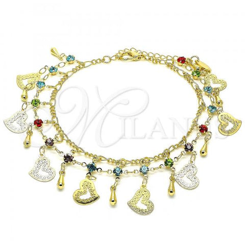 Oro Laminado Charm Anklet , Gold Filled Style Heart and Teardrop Design, with Multicolor Crystal, Polished, Golden Finish, 03.383.0017.10