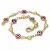 Oro Laminado Fancy Bracelet, Gold Filled Style Evil Eye and Heart Design, Red Resin Finish, Golden Finish, 03.326.0008.1.08