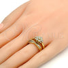 Oro Laminado Wedding Ring, Gold Filled Style Flower and Duo Design, with White Cubic Zirconia, Polished, Two Tone, 01.99.0040.07 (Size 7)