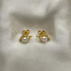 Oro Laminado Stud Earring, Gold Filled Style with White Cubic Zirconia and Ivory Pearl, Polished, Golden Finish, 02.344.0150