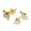 Oro Laminado Stud Earring, Gold Filled Style Dragon-Fly Design, with Garnet Cubic Zirconia and White Micro Pave, Polished, Golden Finish, 02.199.0028.1