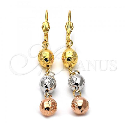 Oro Laminado Long Earring, Gold Filled Style Ball and Flower Design, Diamond Cutting Finish, Tricolor, 5.117.014