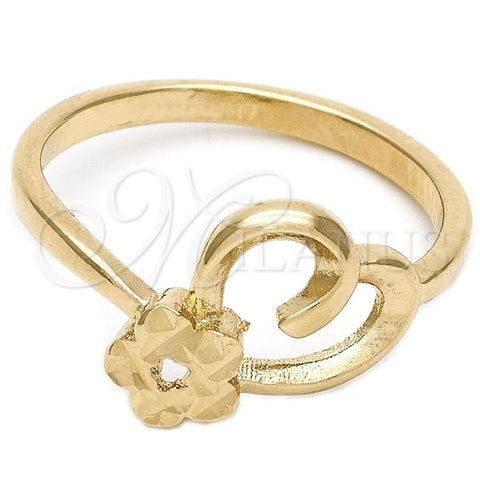 Oro Laminado Elegant Ring, Gold Filled Style Flower and Heart Design, Diamond Cutting Finish, Golden Finish, 01.63.0563.08 (Size 8)