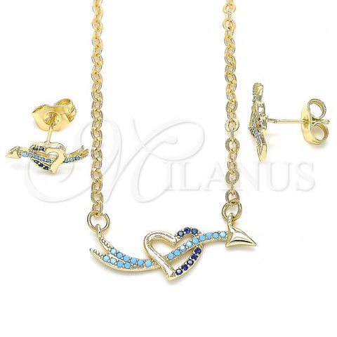 Oro Laminado Earring and Pendant Adult Set, Gold Filled Style Heart Design, with Sapphire Blue and Turquoise Cubic Zirconia, Polished, Golden Finish, 10.316.0055.1