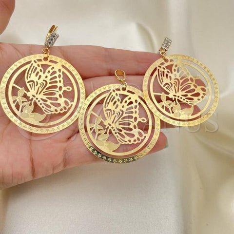 Oro Laminado Earring and Pendant Adult Set, Gold Filled Style Butterfly Design, with White Cubic Zirconia, Polished, Golden Finish, 10.63.0307