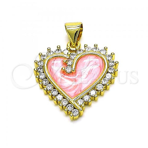 Oro Laminado Fancy Pendant, Gold Filled Style Heart Design, with White Cubic Zirconia, Pink Enamel Finish, Golden Finish, 05.381.0017.1