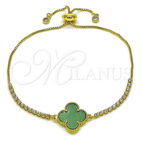 Oro Laminado Adjustable Bolo Bracelet, Gold Filled Style Four-leaf Clover and Box Design, with Green Mother of Pearl and White Cubic Zirconia, Polished, Golden Finish, 03.341.0235.3.11