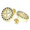 Oro Laminado Stud Earring, Gold Filled Style Flower Design, with Black and White Micro Pave, Polished, Golden Finish, 02.233.0017.1