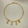 Oro Laminado Charm Anklet , Gold Filled Style Heart and Ball Design, Polished, Golden Finish, 03.32.0614.10