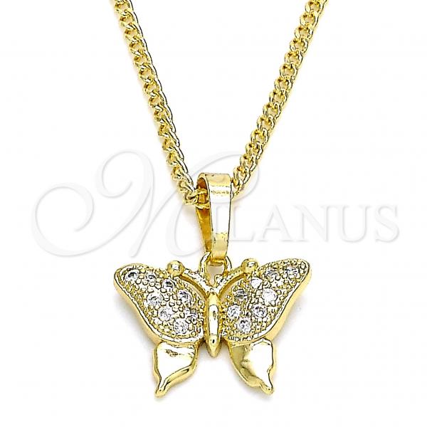 Oro Laminado Pendant Necklace, Gold Filled Style Butterfly Design, with White Micro Pave, Polished, Golden Finish, 04.316.0003.20