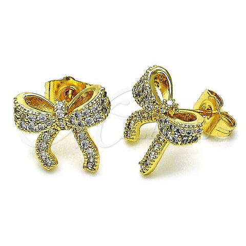 Oro Laminado Stud Earring, Gold Filled Style Bow Design, with White Micro Pave, Polished, Golden Finish, 02.283.0104