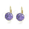 Oro Laminado Leverback Earring, Gold Filled Style with Violet Cubic Zirconia, Polished, Golden Finish, 5.128.061