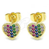 Oro Laminado Stud Earring, Gold Filled Style Heart Design, with Multicolor Micro Pave, Polished, Golden Finish, 02.210.0409.1