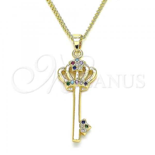 Oro Laminado Pendant Necklace, Gold Filled Style key and Crown Design, with Multicolor Micro Pave, Polished, Golden Finish, 04.344.0009.2.20