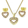 Oro Laminado Earring and Pendant Adult Set, Gold Filled Style Heart Design, with Garnet and White Micro Pave, Polished, Golden Finish, 10.199.0156.1