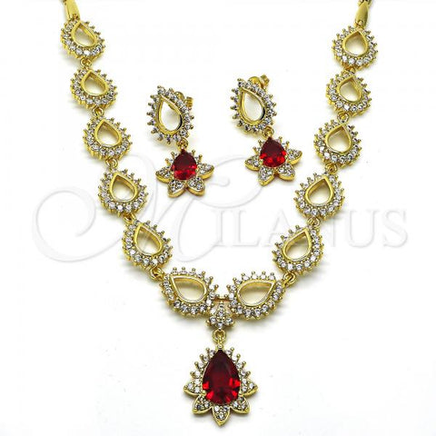 Oro Laminado Necklace and Earring, Gold Filled Style Teardrop and Flower Design, with Garnet and White Cubic Zirconia, Polished, Golden Finish, 06.205.0024.1
