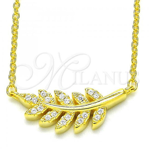 Sterling Silver Pendant Necklace, Leaf Design, with White Cubic Zirconia, Polished, Golden Finish, 04.336.0088.2.16