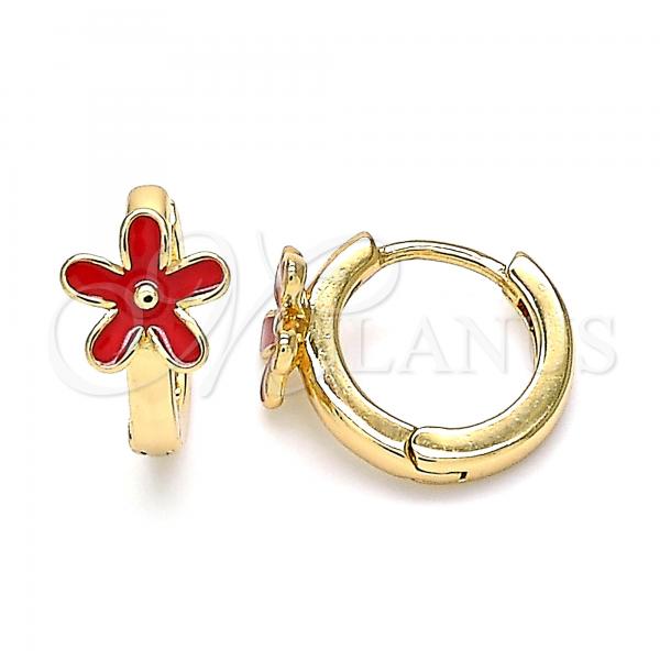 Oro Laminado Huggie Hoop, Gold Filled Style Flower Design, Red Enamel Finish, Golden Finish, 02.213.0180.12