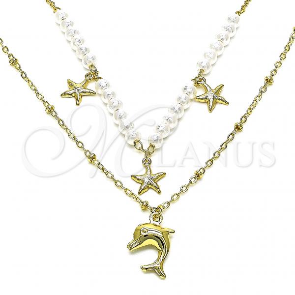 Oro Laminado Fancy Necklace, Gold Filled Style Dolphin and Star Design, with Ivory Pearl, Polished, Golden Finish, 04.213.0287.16