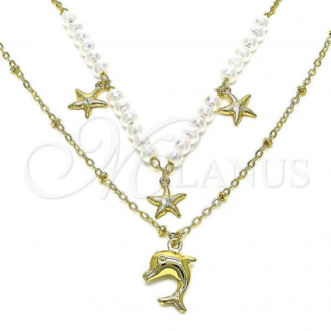 Oro Laminado Fancy Necklace, Gold Filled Style Dolphin and Star Design, with Ivory Pearl, Polished, Golden Finish, 04.213.0287.16