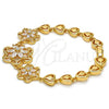 Oro Laminado Fancy Bracelet, Gold Filled Style Flower and Heart Design, with White Cubic Zirconia, Polished, Golden Finish, 03.206.0038.07