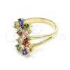 Oro Laminado Multi Stone Ring, Gold Filled Style Flower Design, with Multicolor Cubic Zirconia, Polished, Golden Finish, 01.210.0146.07