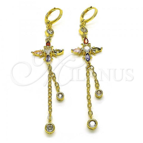 Oro Laminado Long Earring, Gold Filled Style Rolo and Cross Design, with Multicolor and White Cubic Zirconia, Polished, Golden Finish, 02.316.0087