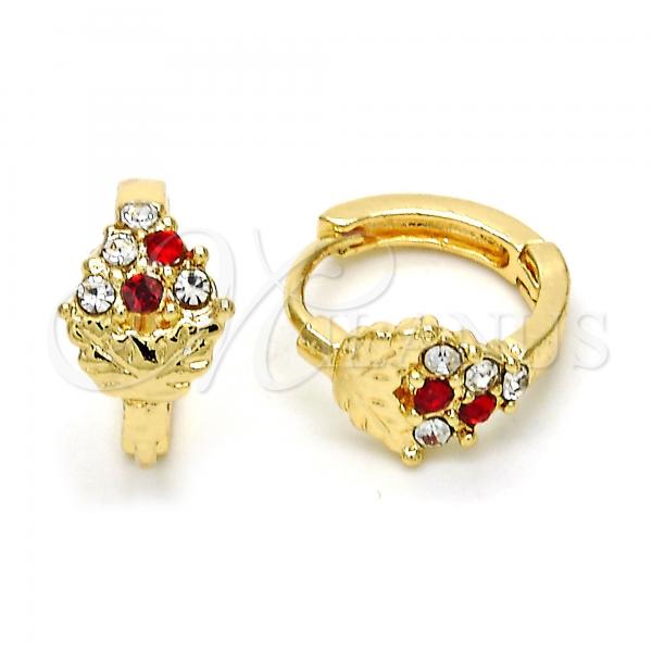 Oro Laminado Huggie Hoop, Gold Filled Style Strawberry Design, with Garnet and White Crystal, Polished, Golden Finish, 02.165.0130.2