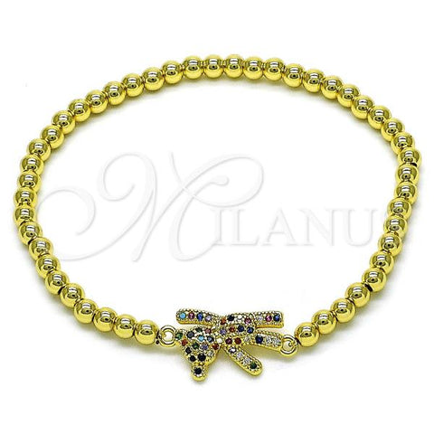 Oro Laminado Fancy Bracelet, Gold Filled Style Expandable Bead and Teddy Bear Design, with Multicolor Micro Pave, Polished, Golden Finish, 03.299.0111.07