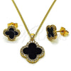 Oro Laminado Earring and Pendant Adult Set, Gold Filled Style Four-leaf Clover Design, with Black Micro Pave and White Cubic Zirconia, Polished, Golden Finish, 10.283.0023