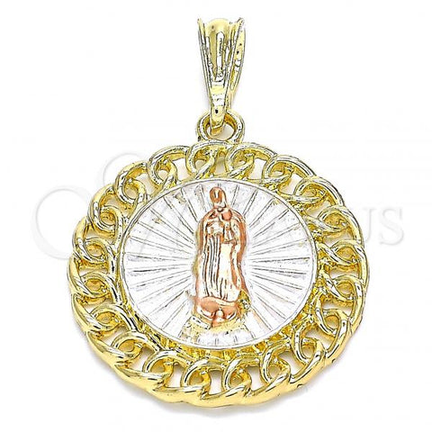Oro Laminado Religious Pendant, Gold Filled Style Guadalupe Design, Polished, Tricolor, 05.380.0044.1