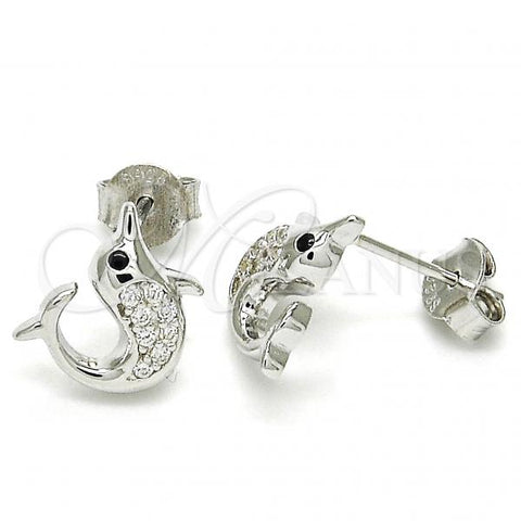 Sterling Silver Stud Earring, Dolphin Design, with Black and White Cubic Zirconia, Polished, Rhodium Finish, 02.336.0099