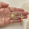Oro Laminado Thin Rosary, Gold Filled Style Guadalupe and Crucifix Design, Diamond Cutting Finish, Tricolor, 09.380.0020.26