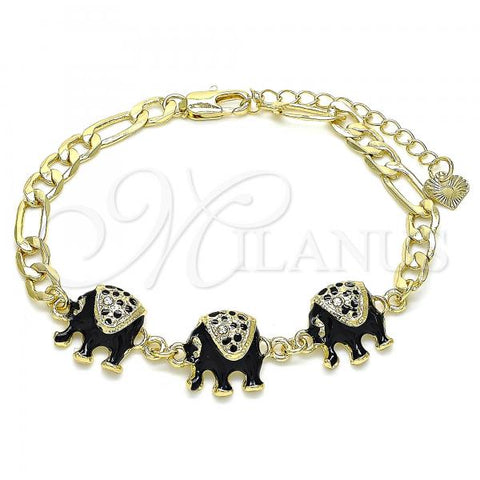 Oro Laminado Fancy Bracelet, Gold Filled Style Elephant Design, with White Crystal, Black Enamel Finish, Golden Finish, 03.351.0109.07