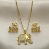 Oro Laminado Earring and Pendant Adult Set, Gold Filled Style Elephant Design, with Ruby and White Micro Pave, Polished, Golden Finish, 10.199.0076.2