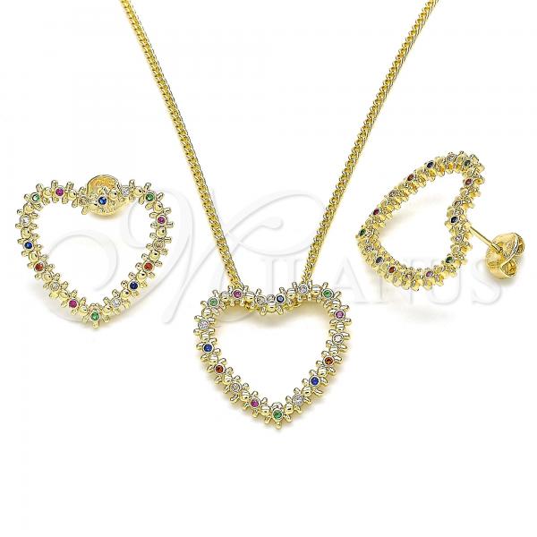 Oro Laminado Earring and Pendant Adult Set, Gold Filled Style Heart Design, with Multicolor Micro Pave, Polished, Golden Finish, 10.156.0244.3