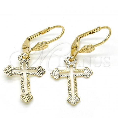 Oro Laminado Dangle Earring, Gold Filled Style Cross Design, Diamond Cutting Finish, Golden Finish, 5.111.015