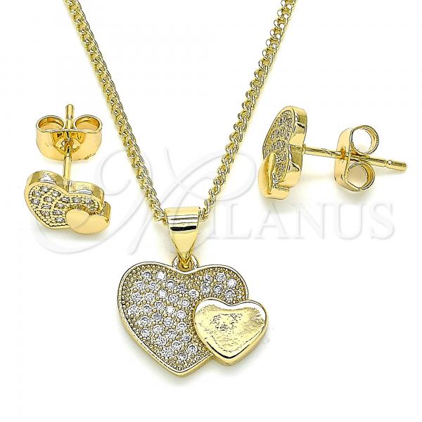 Oro Laminado Earring and Pendant Adult Set, Gold Filled Style Heart Design, with White Micro Pave, Polished, Golden Finish, 10.344.0007