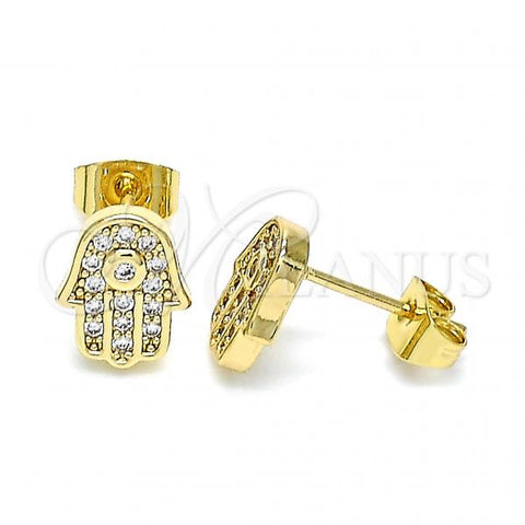 Oro Laminado Stud Earring, Gold Filled Style Hand of God Design, with White Micro Pave, Polished, Golden Finish, 02.344.0111
