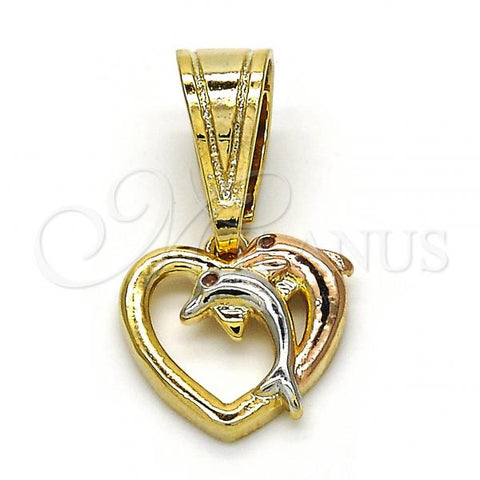 Oro Laminado Fancy Pendant, Gold Filled Style Heart and Dolphin Design, with Garnet Cubic Zirconia, Polished, Tricolor, 05.120.0093.1