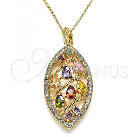 Oro Laminado Pendant Necklace, Gold Filled Style Leaf and Teardrop Design, with Multicolor Cubic Zirconia, Polished, Golden Finish, 04.283.0020.20