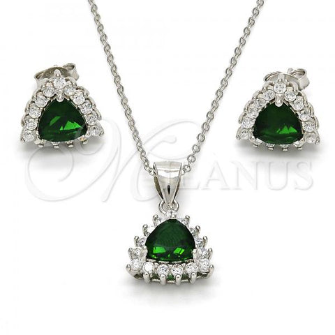 Sterling Silver Earring and Pendant Adult Set, with Green and White Cubic Zirconia, Polished, Rhodium Finish, 10.175.0052.1