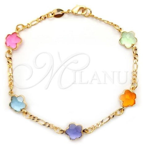 Oro Laminado Fancy Bracelet, Gold Filled Style Flower and Figaro Design, with Multicolor Crystal, Multicolor Polished, Golden Finish, 03.32.0179.07