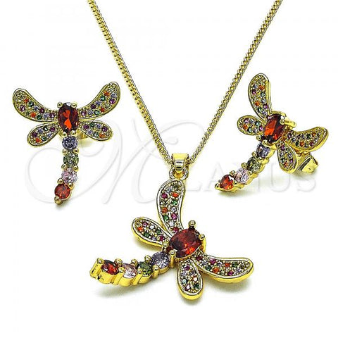 Oro Laminado Earring and Pendant Adult Set, Gold Filled Style Dragon-Fly Design, with Multicolor Cubic Zirconia, Polished, Golden Finish, 10.316.0034.4