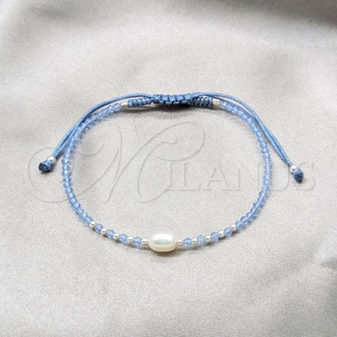 Sterling Silver Adjustable Bolo Bracelet, Ball Design, with White Pearl and Light Sapphire Crystal, Silver Finish, 03.426.0064.4.07