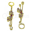 Oro Laminado Long Earring, Gold Filled Style Elephant Design, with Ruby and Black Micro Pave, Polished, Golden Finish, 02.316.0079