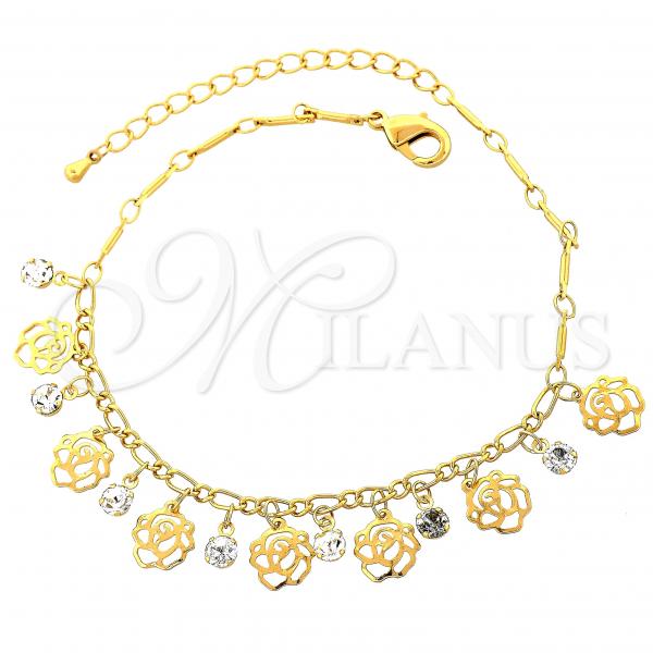 Oro Laminado Charm Bracelet, Gold Filled Style Flower Design, with White Cubic Zirconia, Polished, Golden Finish, 5.031.007.1.10