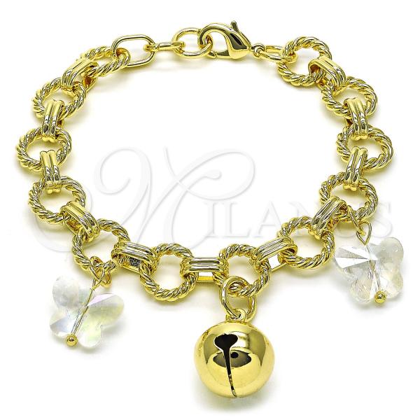 Oro Laminado Charm Bracelet, Gold Filled Style Butterfly and Twist Design, with Aurore Boreale Crystal, Polished, Golden Finish, 03.331.0308.08