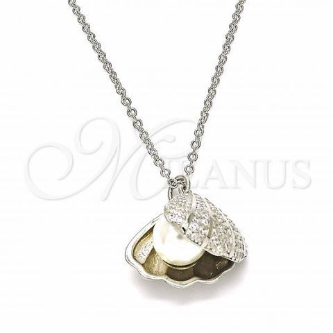 Sterling Silver Pendant Necklace, Shell Design, with White Micro Pave and Ivory Pearl, Polished, Rhodium Finish, 04.336.0129.16